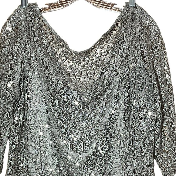 Kay Unger Silver Satin Sheath Dress Lace Sequin Overlay Sz 18 Party NYE Festive - Picture 3 of 7